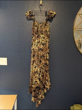 Tiare Hawaii Off Shoulder High Low Black & Gold Leaf-Print Women’s Maxi Dress